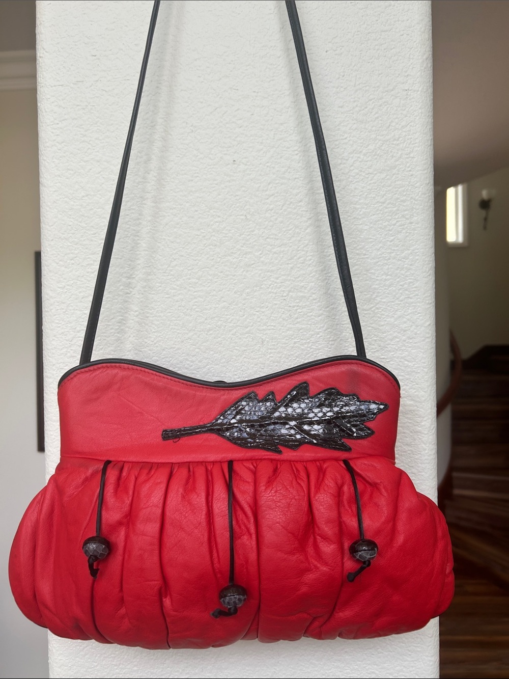 Timmy Woods Red Shoulder Bag with Black Leaf Accent